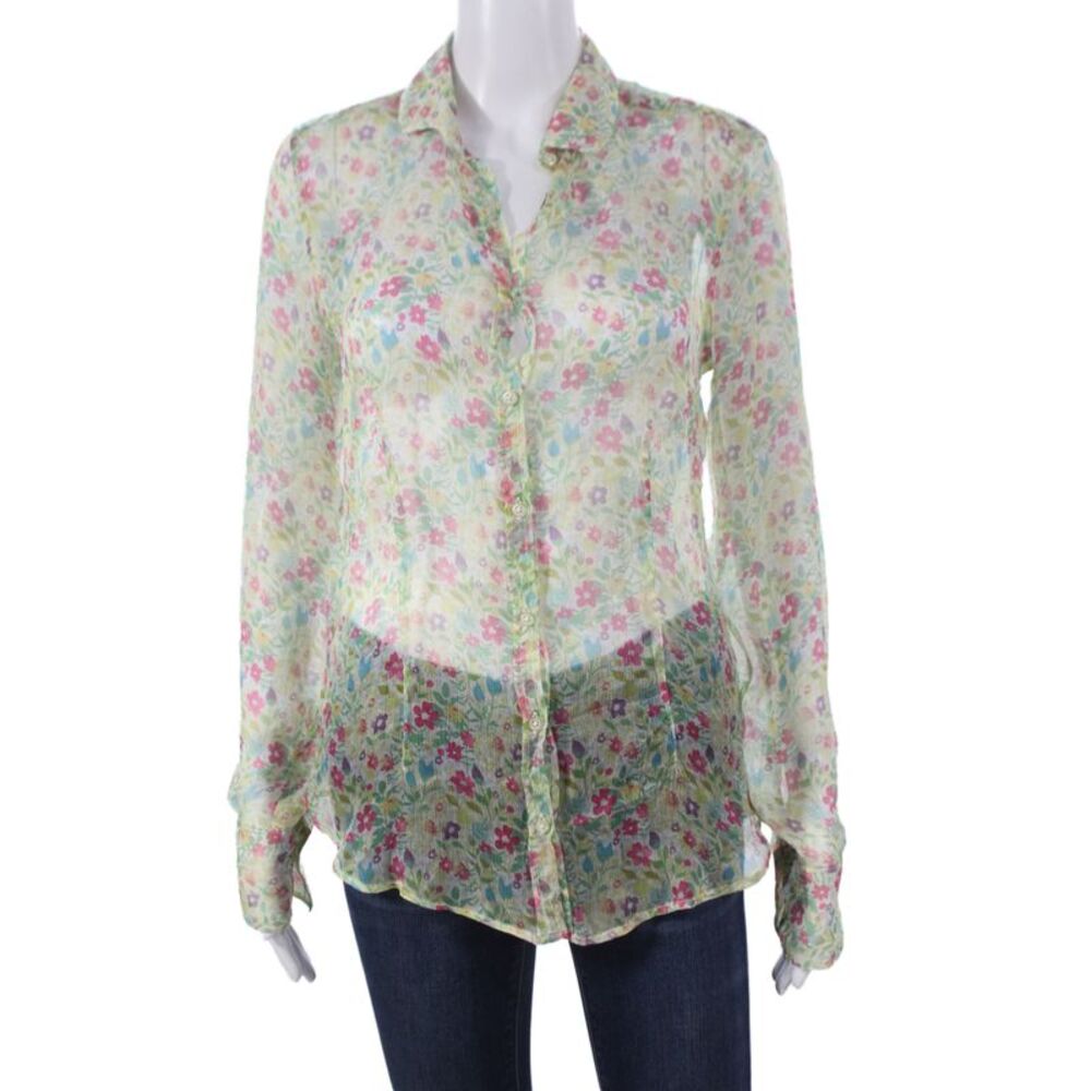 0039 Italy Women Sheer Floral Collared Button Long Sleeve Basic Blouse Size S